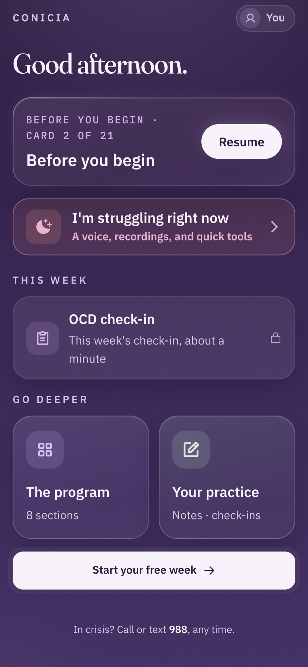 The Conicia home screen: resume your next lesson, help for hard moments, and this week's OCD check-in