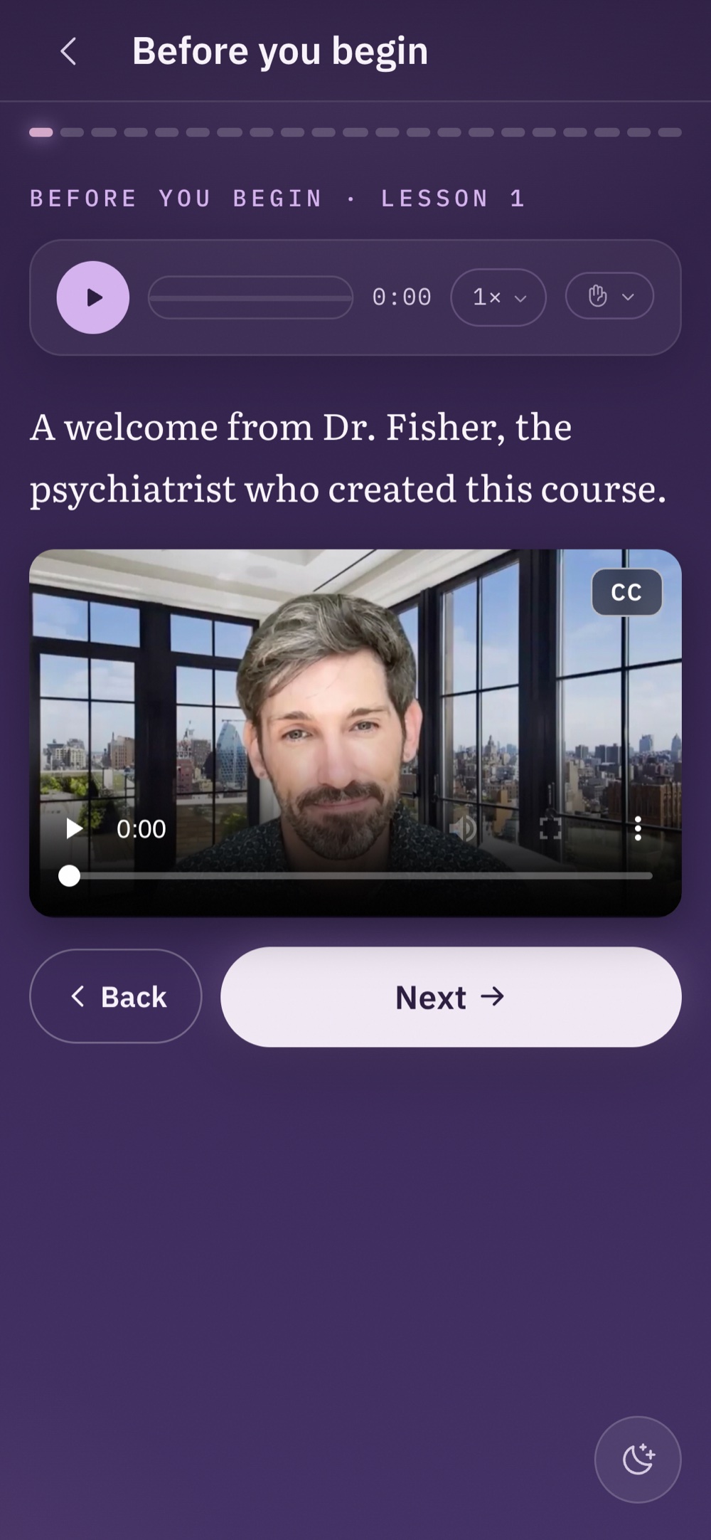 A video lesson: Dr. Fisher on screen inside the program